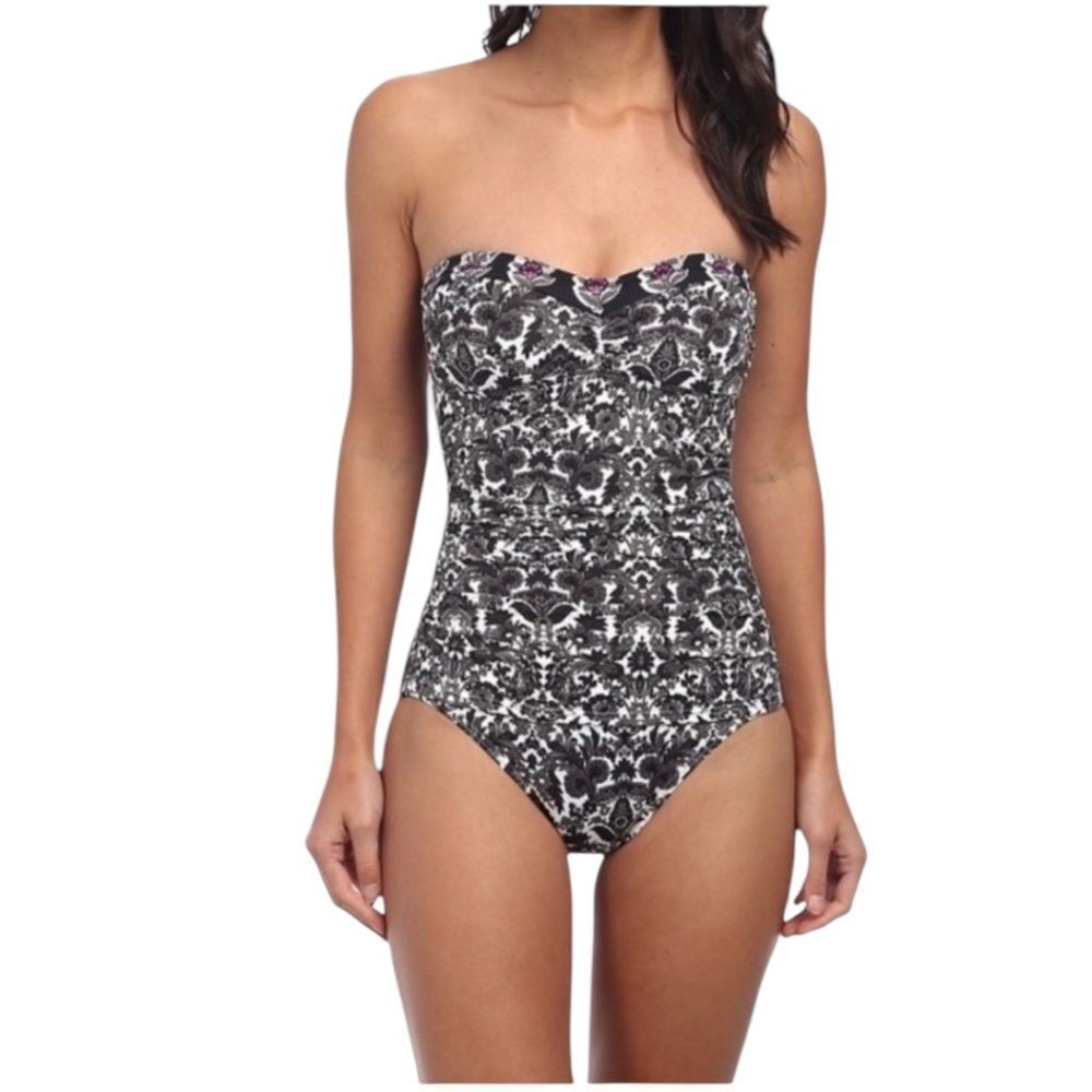 Tommy Bahama Black and White Floral One Piece Bandeau Swimsuit size 6